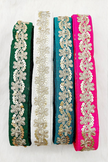 Art Silk Fabric Trim With Gold Floral Embroidery, Floral Sequins Sari Border, Trim By 3 Yards